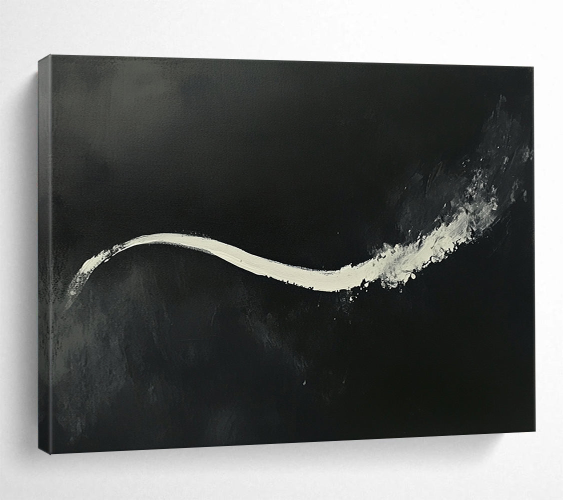 “White Stream on Black” - Bold white, deep black, Abstract Expressionist Painting On Canvas HB0608
