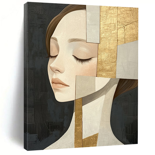 Large contemporary hand-painted abstract artwork featuring an elegant woman in beige tones with gold leaf accents against a dark gray background. DLZ1405