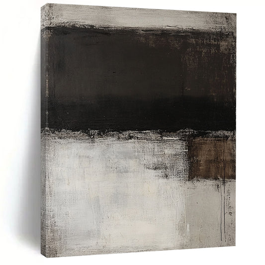 Contemporary hand-painted abstract art featuring a monochromatic white and grey palette with dark brown stripes and rich textured brush strokes on wood panel. DLZ1079