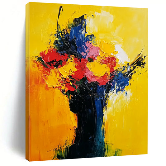 Contemporary abstract painting in vibrant yellow red and blue showcasing expressive flowers and a sunrise with visible brush strokes on oil canvas. DLZ0542
