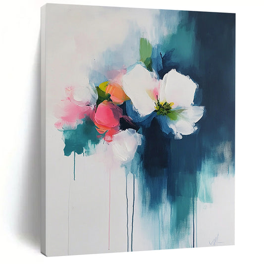 Contemporary abstract art featuring thick brush strokes of dark teal and light pink on a white background, evoking a soft and atmospheric floral theme. DLZ0621