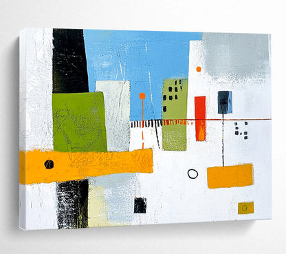 “Geometric City Blocks” - Greens, blues, oranges, whites; Abstract geometric city buildings; Minimalist Acrylic Painting On Canvas HB1179