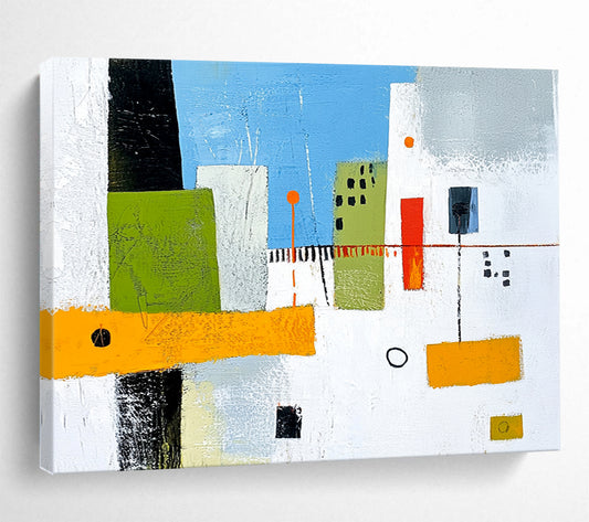 “Geometric City Blocks” - Greens, blues, oranges, whites; Abstract geometric city buildings; Minimalist Acrylic Painting On Canvas HB1179