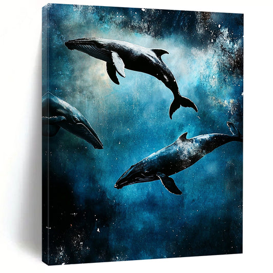 Abstract artwork showcasing ocean whales in cosmic space, featuring intricate underwater scenes, capturing a dark gritty aesthetic in digital painting style. DLZ1251