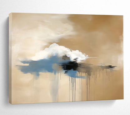 “Floating Cloud Dreamscape” - Beige, White, Blue, Black, Abstract Cloud - like Forms with Drips Painting On Canvas HB1082