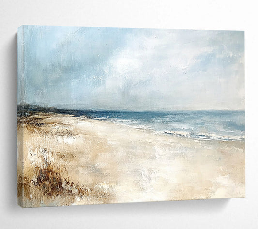 “Serene Beachscape” - Blue, Beige, Gray, Realistic - Style Abstract Beach Painting On Canvas HB1072