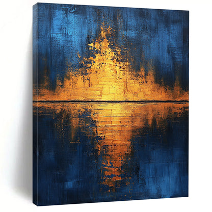Contemporary hand-painted abstract art featuring golden light reflections on water with blue and gold hues enhanced by gold foil and textured canvas. DLZ0506