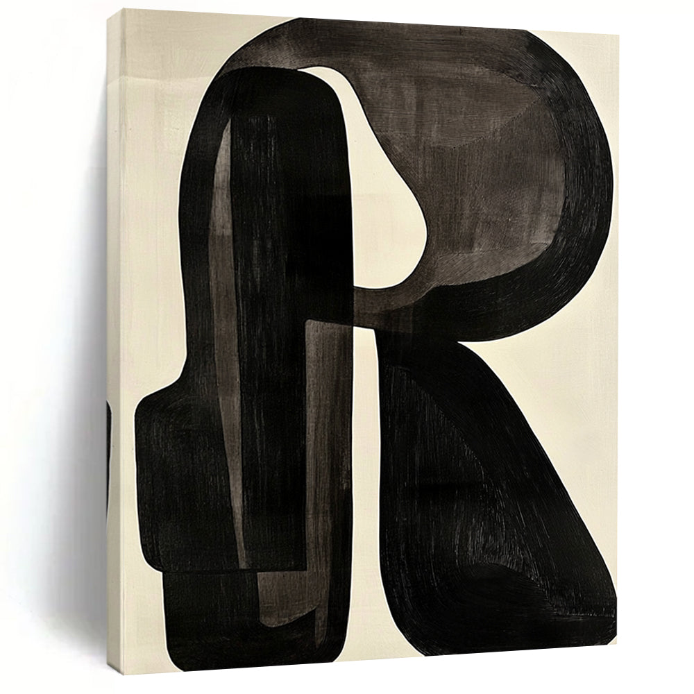 Contemporary abstract artwork featuring black and white shapes with a prominent letter R on a light gray background in the style of Jean Arp. DLZ0638