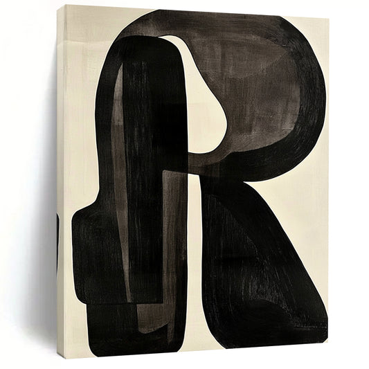 Contemporary abstract artwork featuring black and white shapes with a prominent letter R on a light gray background in the style of Jean Arp. DLZ0638