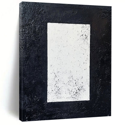 Contemporary hand-painted abstract art featuring a white rectangle on a textured black background creating a striking minimalist monochrome effect. DLZ1520