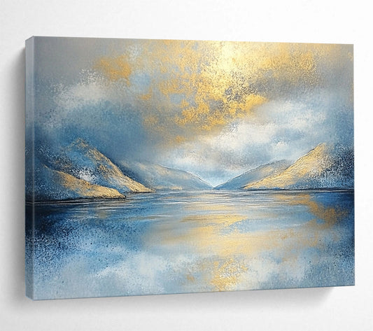 “Golden Mountain Reflection” - Blue, Gold, White, Sparkling Lake and Sunlit Peaks Painting On Canvas HB0919