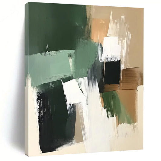 Contemporary hand-painted abstract artwork featuring green white and brown tones with thick brush strokes on a dark beige background with sage green shapes. DLZ1035