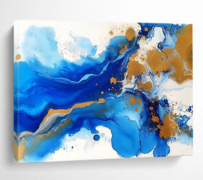 “Blue - Gold Abstract Fluid Waves” - Blue, Gold, White, Fluid Shapes Painting On Canvas HB0842
