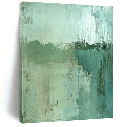 Contemporary hand-painted abstract artwork features a worn landscape in green and blue tones with textured depth and a subtle focal point for intrigue. DLZ0962