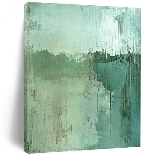 Contemporary hand-painted abstract artwork features a worn landscape in green and blue tones with textured depth and a subtle focal point for intrigue. DLZ0962