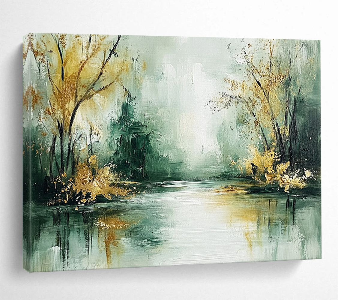 “Misty River with Golden Trees” - Green, gold, gray; Abstract river and trees; Impressionistic Oil Painting On Canvas HB1195