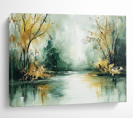 “Misty River with Golden Trees” - Green, gold, gray; Abstract river and trees; Impressionistic Oil Painting On Canvas HB1195