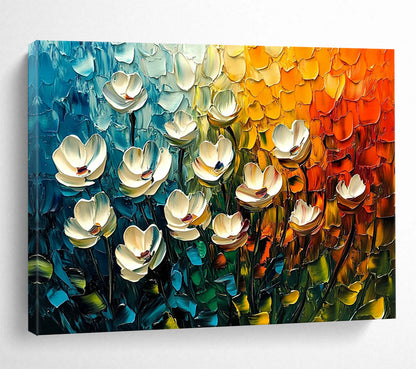 Textured White Flowers in Colorful Background – Impasto Abstract Acrylic Floral Painting HB1474