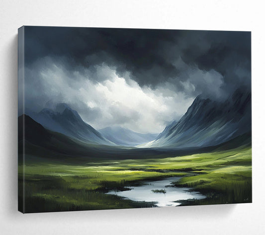 “Moody Mountain Landscape with Light” - Green, Blue, Gray, Dramatic Mountain Scene - Oil Painting HB1643