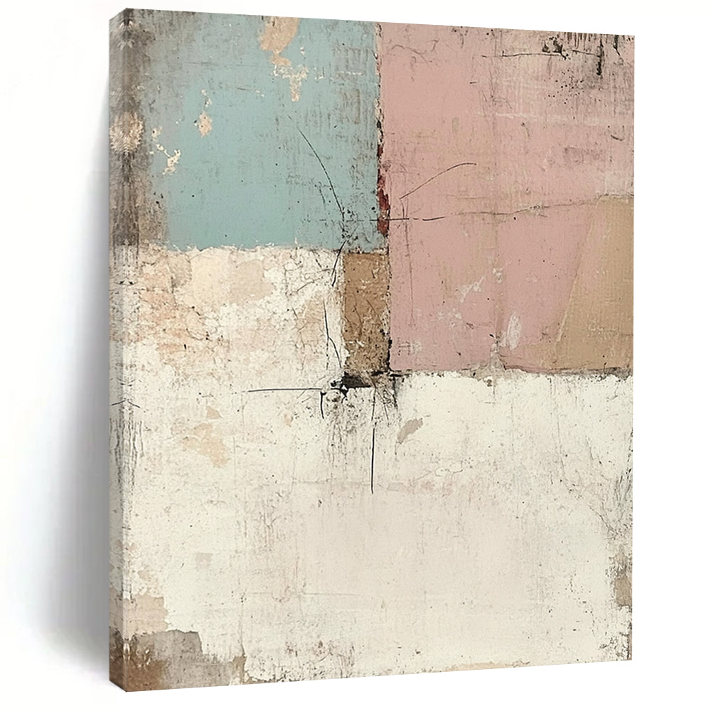 Contemporary hand-painted abstract art featuring a vintage wall effect with distressed pastel tones creating a unique textured visual experience. DLZ1501
