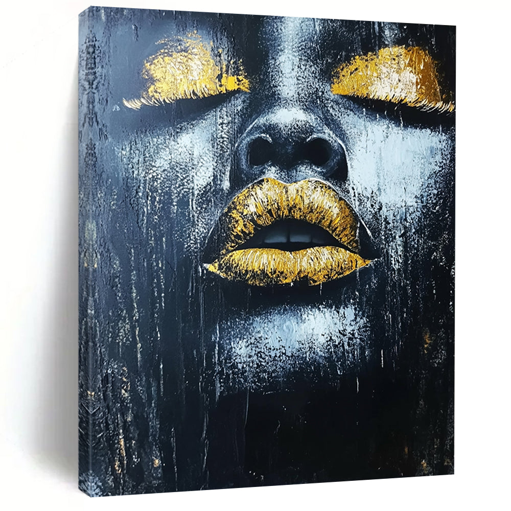 Contemporary hand-painted abstract art featuring an African woman's lips with gold leaf highlights on a dark textured background. DLZ1542