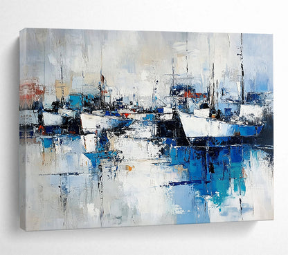 “Abstract Harbor Reflections” - Blue, White, Gray, Dynamic Boat & Water Scenes Painting On Canvas HB1022