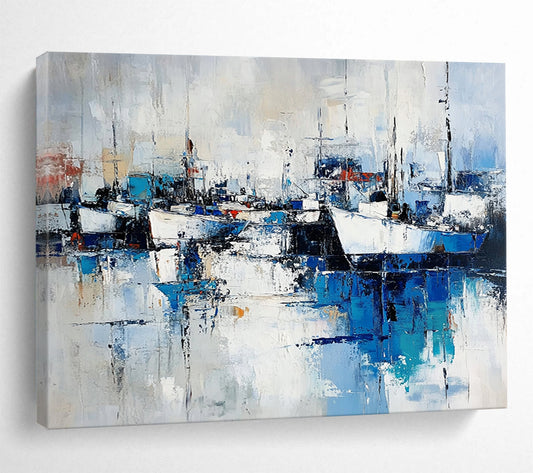 “Abstract Harbor Reflections” - Blue, White, Gray, Dynamic Boat & Water Scenes Painting On Canvas HB1022