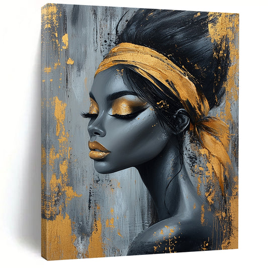 Contemporary abstract art featuring an elegant African woman with black and gold hair on a textured gray background adorned with gold paint splashes. DLZ0570