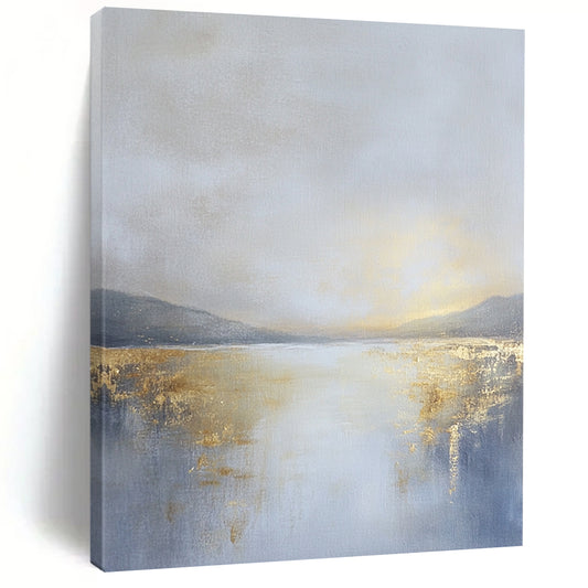 Contemporary abstract painting featuring an overcast sky in gold and grey tones with a tranquil lake in the distance, creating a serene atmosphere. DLZ0585