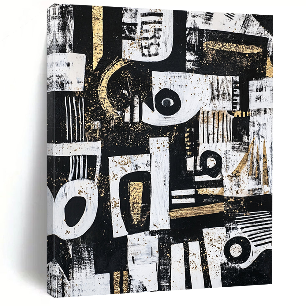 Black, White, Gold and Gray Abstract Symbols "Mystic Symbols" Painting On Canvas HB342