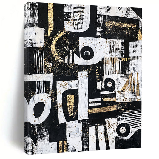 Black, White, Gold and Gray Abstract Symbols "Mystic Symbols" Painting On Canvas HB342