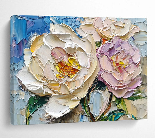 “Pastel Peony Pair” - Creamy Whites, Soft Pinks, Blues, Intricate Peony Blooms - Textured Oil Painting HB1717