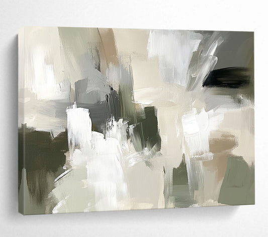 “Neutral Abstract Composition” - Beige, gray, white, green; Abstract composition with soft brushstrokes; Acrylic Painting On Canvas HB1267