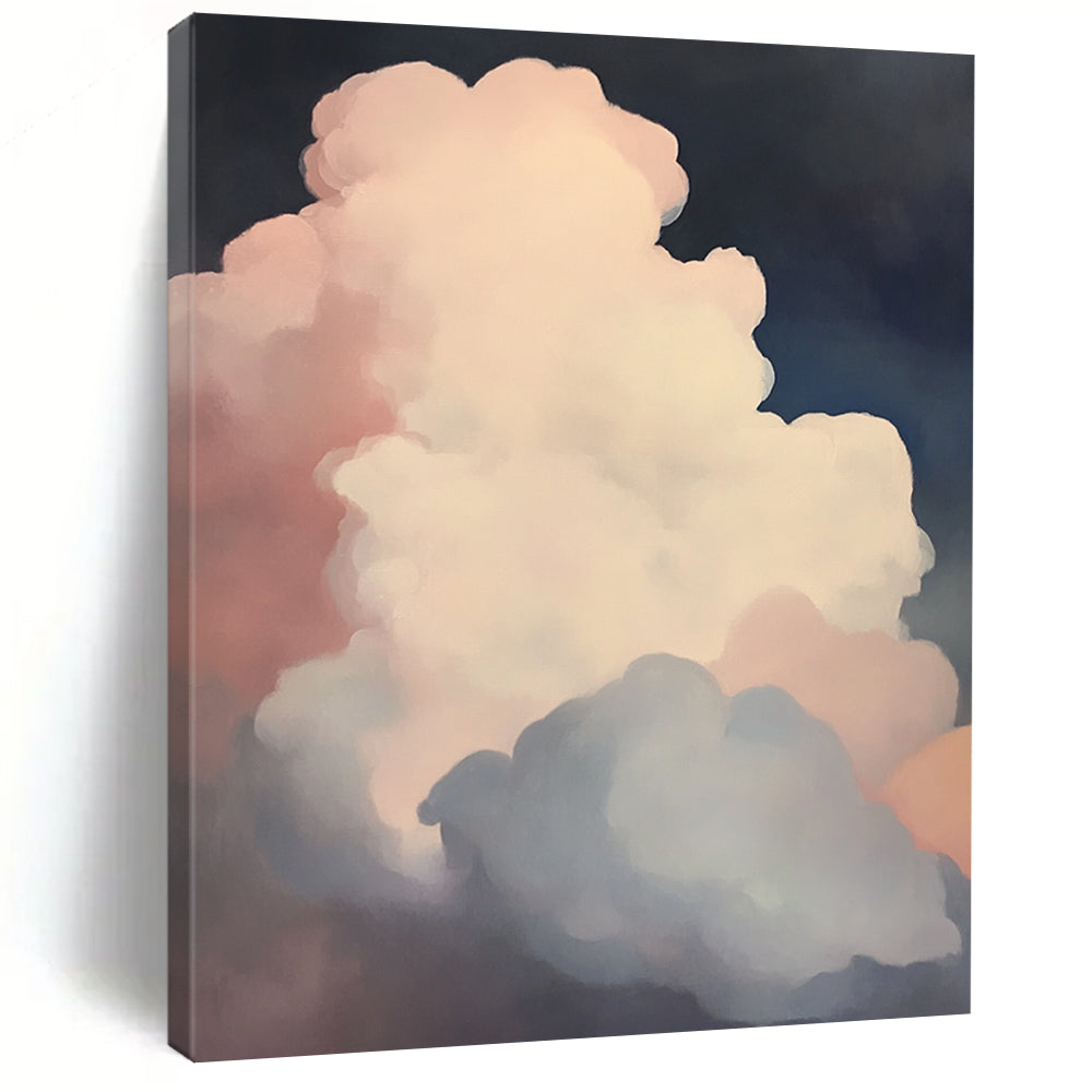 Contemporary hand-painted abstract art featuring puffy white clouds in soft pink and blue against a dark, low-contrast background. DLZ1092
