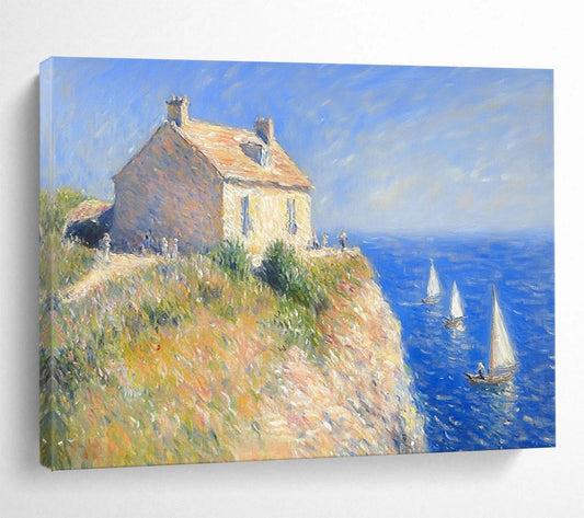“Claude Monet - Style Seaside” - Blue, beige, seaside house, Impressionist Painting On Canvas HB0563