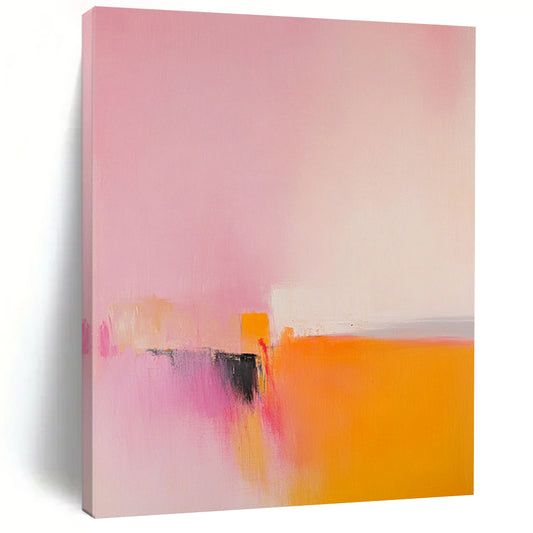 Contemporary abstract painting featuring muted pinks and yellows with soft oranges and minimalism showcasing an abstract dragon head under a vast sky. DLZ1657