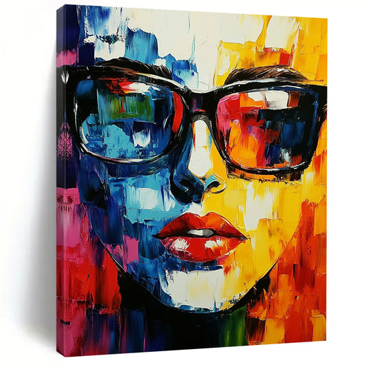 Contemporary abstract artwork featuring a vibrant face with glasses created using a palette knife technique, perfect for modern decor. DLZ0594