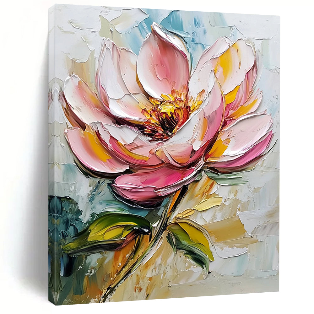 Contemporary abstract art featuring a pink flower and leaves in a detailed palette knife oil painting on a pristine white background. DLZ1440