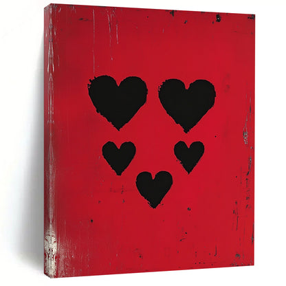 Contemporary abstract artwork featuring three black hearts against a vibrant red background, inspired by pop art and modern portraiture. DLZ1712