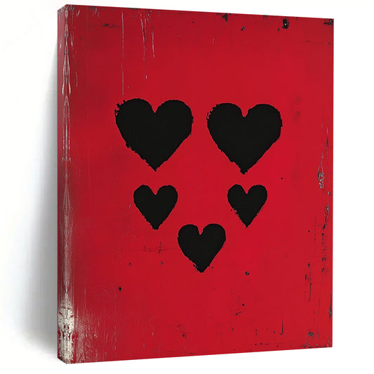 Contemporary abstract artwork featuring three black hearts against a vibrant red background, inspired by pop art and modern portraiture. DLZ1712
