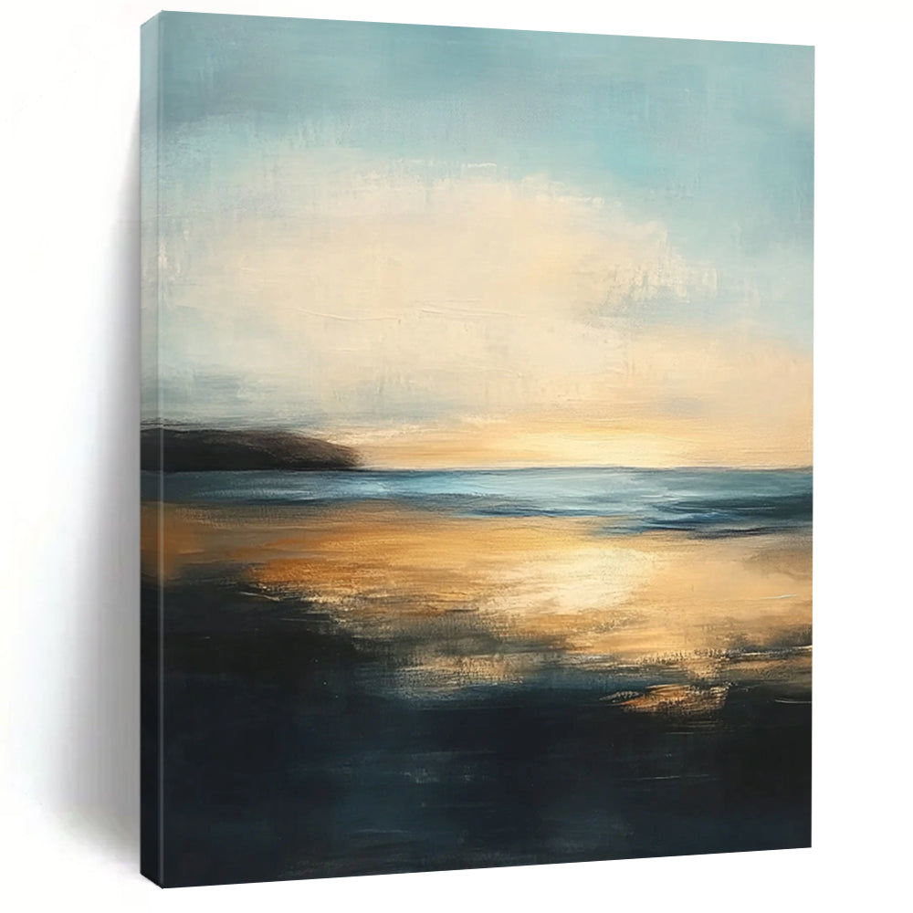 Contemporary abstract painting features a serene sea with golden sunset reflections and a tranquil sky, evoking peacefulness and contemplation in soft brushstrokes. DLZ0412