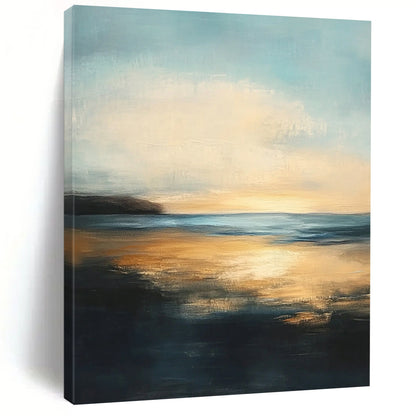 Contemporary abstract painting features a serene sea with golden sunset reflections and a tranquil sky, evoking peacefulness and contemplation in soft brushstrokes. DLZ0412