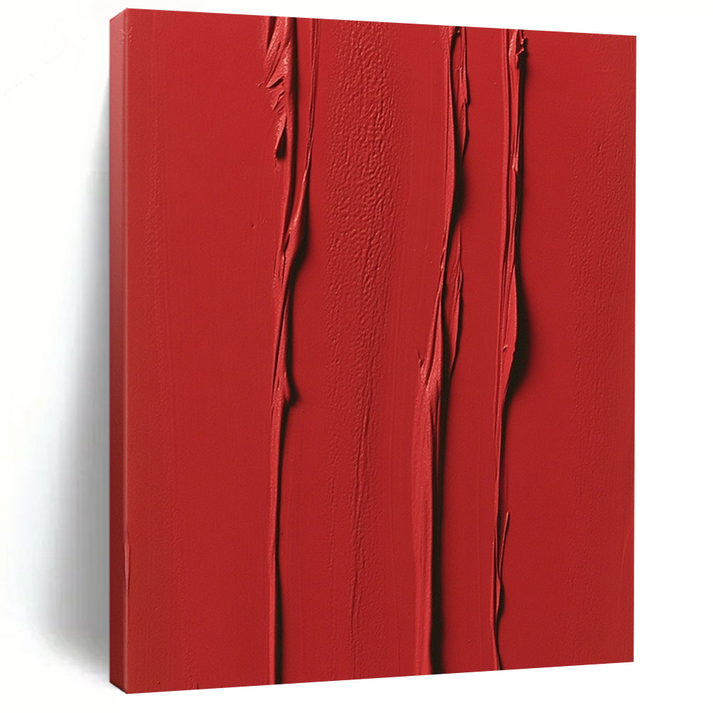 Contemporary abstract painting featuring vibrant red vertical strokes and textured layers evoking energy and passion in a minimalist symmetrical design. DLZ1694
