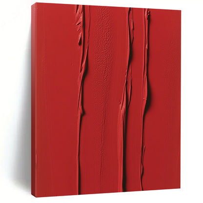 Contemporary abstract painting featuring vibrant red vertical strokes and textured layers evoking energy and passion in a minimalist symmetrical design. DLZ1694