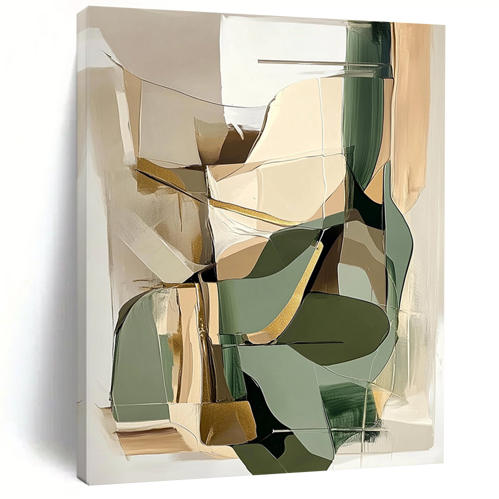 Contemporary hand-painted abstract artwork featuring beige and sage green shapes with gold accents perfect for modern interior design. DLZ0793