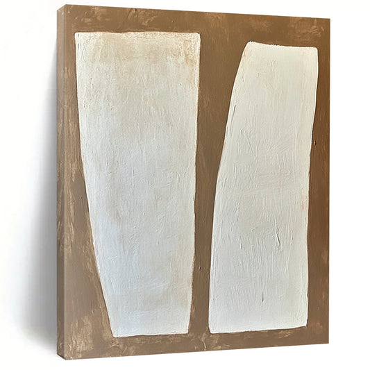 Large contemporary hand-painted abstract art featuring white rectangular forms on a textured brown and white background with soft edges and a minimalist style. DLZ1750