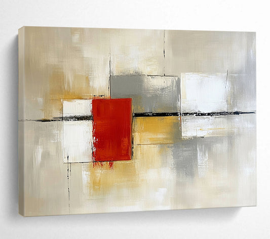“Geometric Abstract in Neutral Tones” - Beige, gray, white, red; Geometric abstract with a central red square; Acrylic Painting On Canvas HB1257