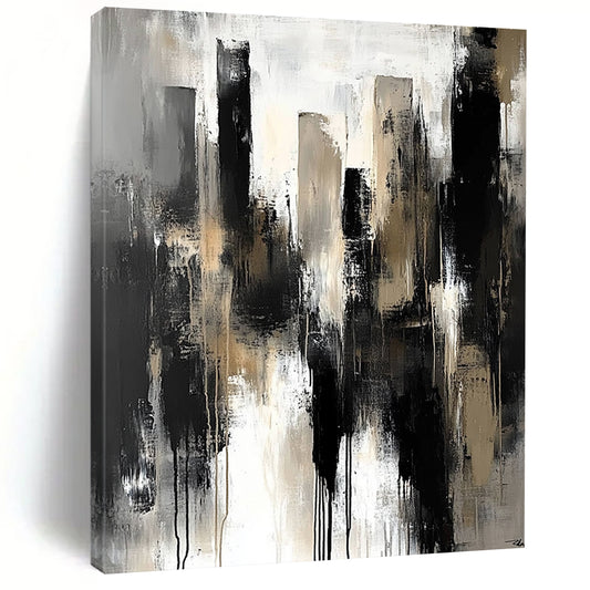 Contemporary abstract painting featuring dark gray tones large brush strokes muted neutral colors and a sense of urban melancholy and isolation. DLZ0313