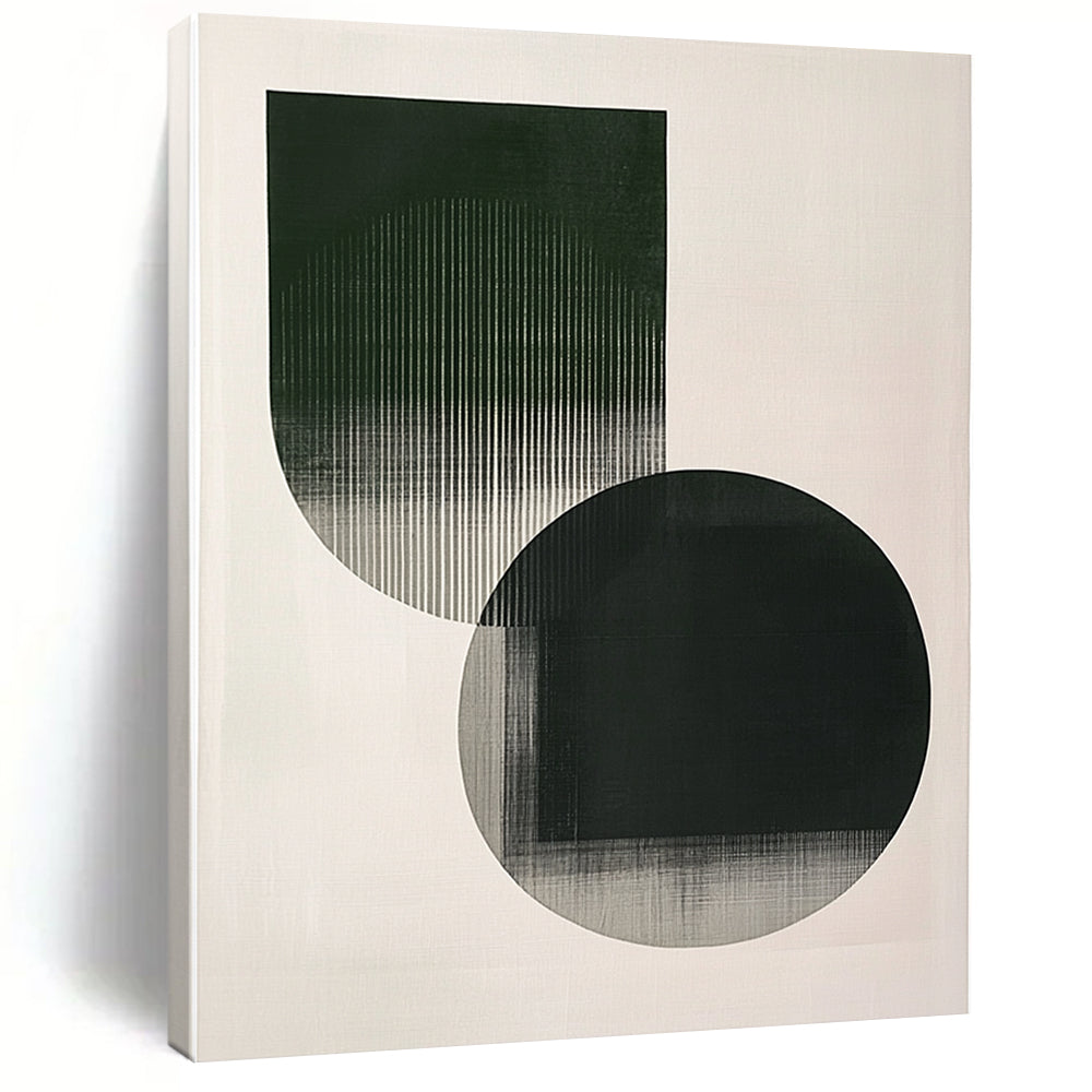 Contemporary abstract art featuring minimalistic shapes in emerald green and grey with delicate strokes on a serene white background. DLZ1621