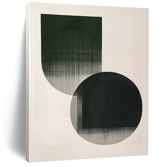 Contemporary abstract art featuring minimalistic shapes in emerald green and grey with delicate strokes on a serene white background. DLZ1621